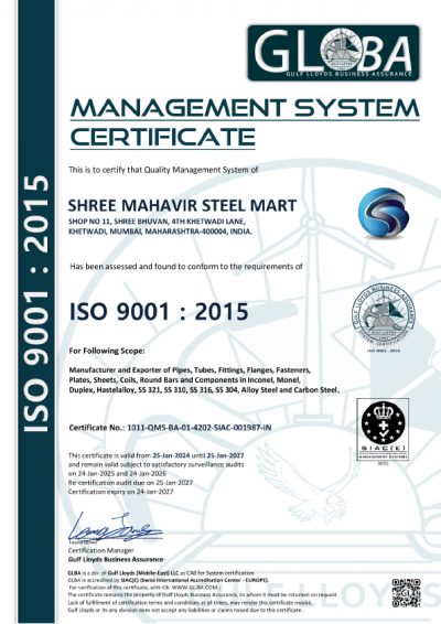 ISO 9001 : 2015 Certificate